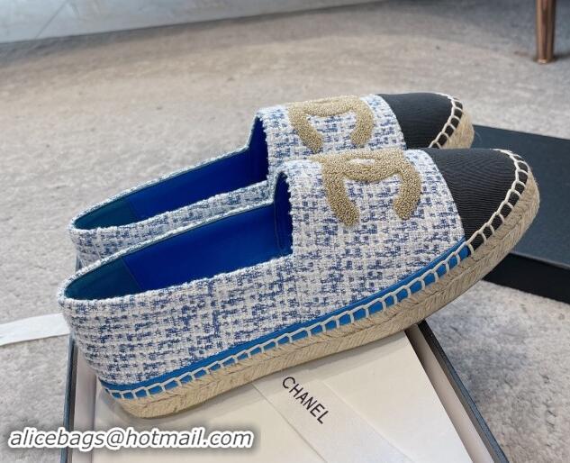 Unique Style Chanel Tweed Espadrilles Flat with Gold-Tone CC Sky Blue 1121110