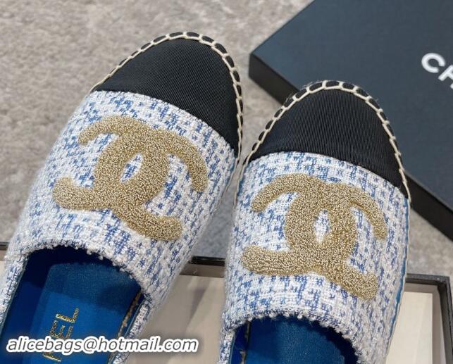 Unique Style Chanel Tweed Espadrilles Flat with Gold-Tone CC Sky Blue 1121110