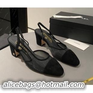 Popular Style Chanel Suede & Mesh Slingback Pumps 6.5cm G31318 Black 1121111