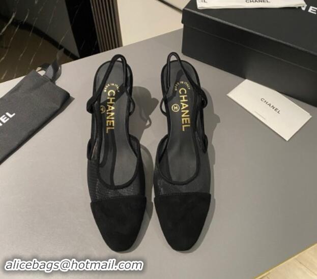 Popular Style Chanel Suede & Mesh Slingback Pumps 6.5cm G31318 Black 1121111