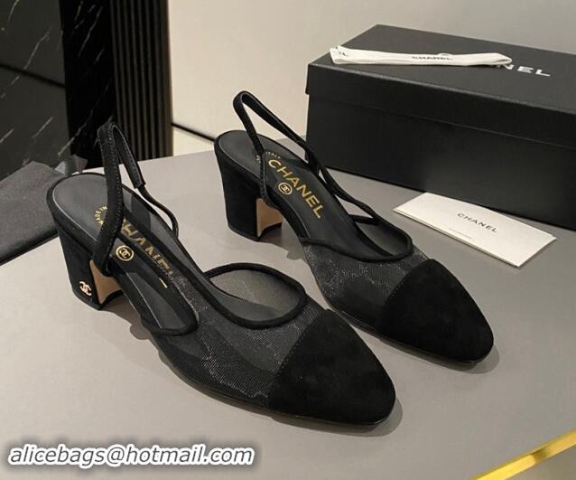 Popular Style Chanel Suede & Mesh Slingback Pumps 6.5cm G31318 Black 1121111