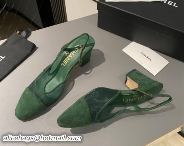 Durable Chanel Suede & Mesh Slingback Pumps 6.5cm G31318 Green 1121112