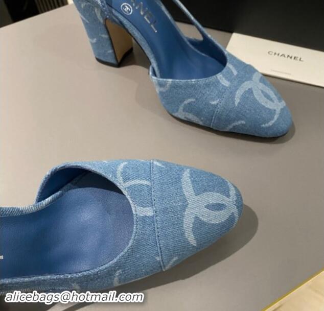 Low Price Chanel Printed Denim Slingback Pumps 9cm G45509 Blue 1121119