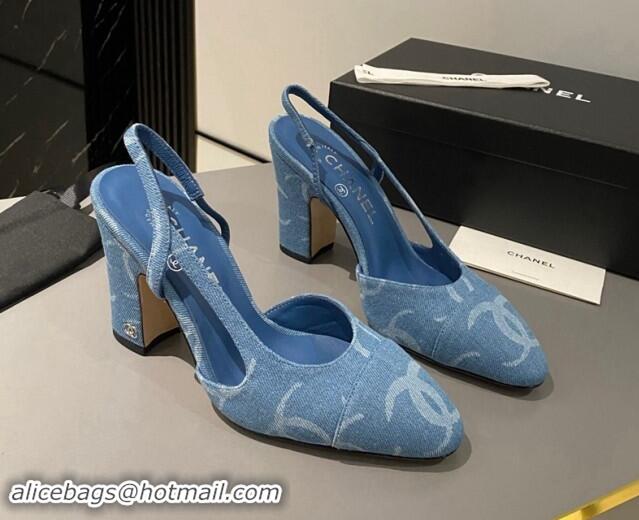 Low Price Chanel Printed Denim Slingback Pumps 9cm G45509 Blue 1121119