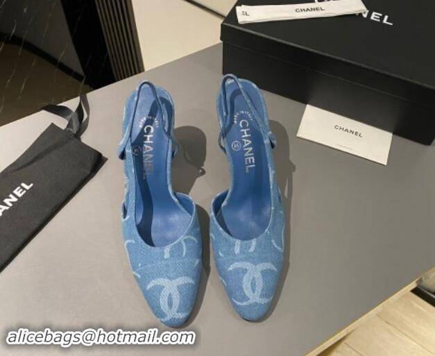 Low Price Chanel Printed Denim Slingback Pumps 9cm G45509 Blue 1121119