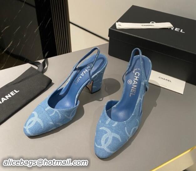 Low Price Chanel Printed Denim Slingback Pumps 9cm G45509 Blue 1121119