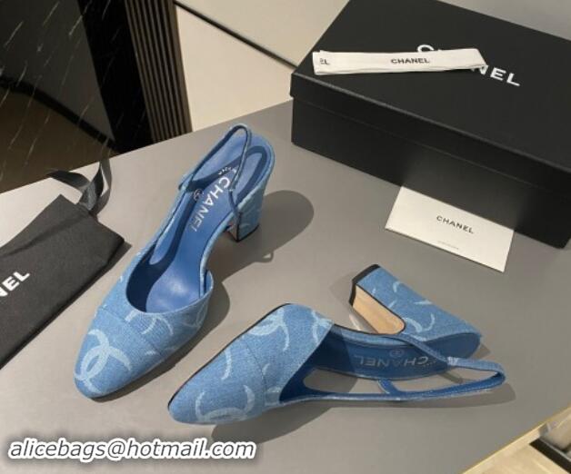 Low Price Chanel Printed Denim Slingback Pumps 9cm G45509 Blue 1121119