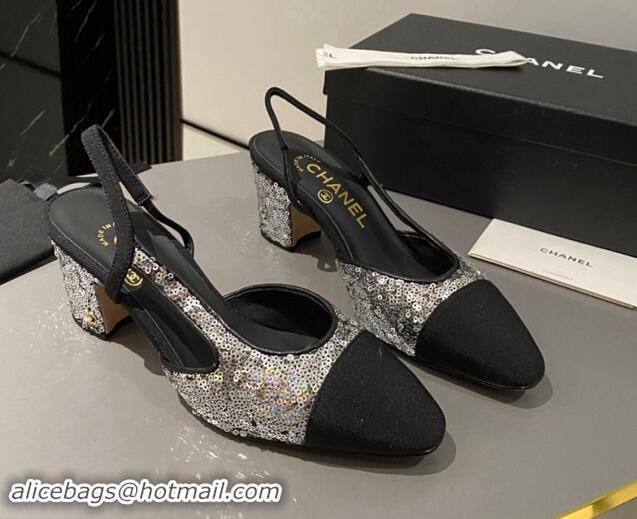 Top Design Chanel Sequins & Grosgrain Slingback Pumps 6.5cm G31318 Silver 1121121