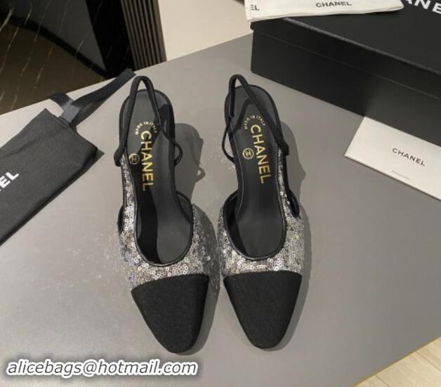 Top Design Chanel Sequins & Grosgrain Slingback Pumps 6.5cm G31318 Silver 1121121