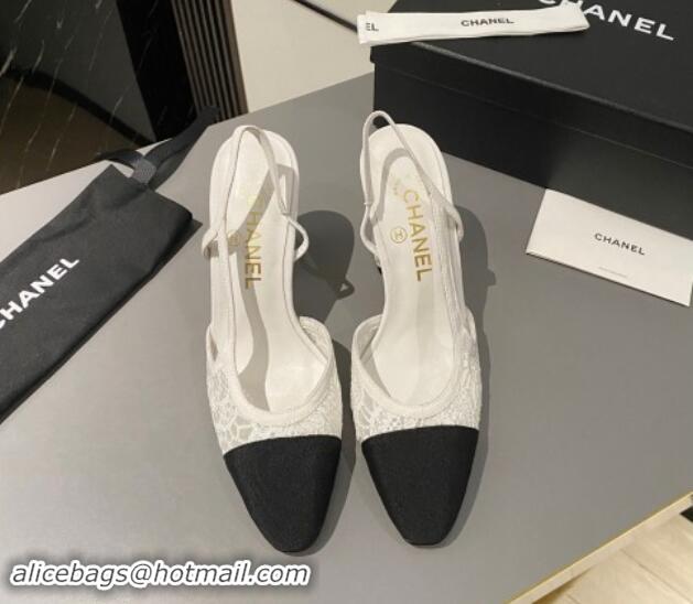 Luxury Cheap Chanel Lace Slingback Pumps 9cm G45509 White 121123