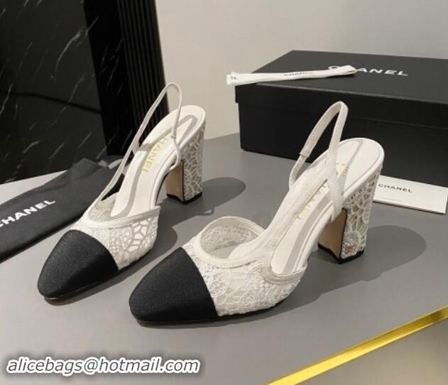 Luxury Cheap Chanel Lace Slingback Pumps 9cm G45509 White 121123