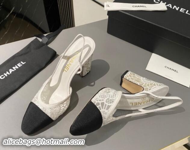 Luxury Cheap Chanel Lace Slingback Pumps 9cm G45509 White 121123