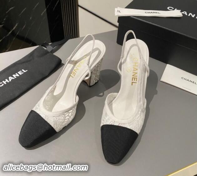 Luxury Cheap Chanel Lace Slingback Pumps 9cm G45509 White 121123