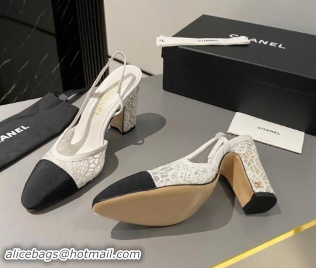 Luxury Cheap Chanel Lace Slingback Pumps 9cm G45509 White 121123