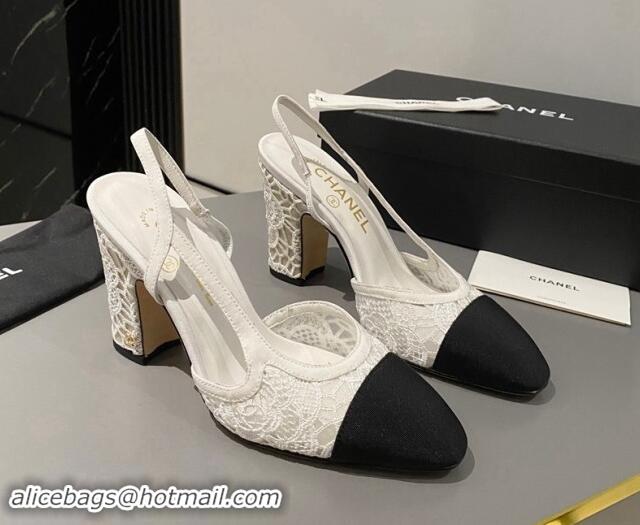 Luxury Cheap Chanel Lace Slingback Pumps 9cm G45509 White 121123