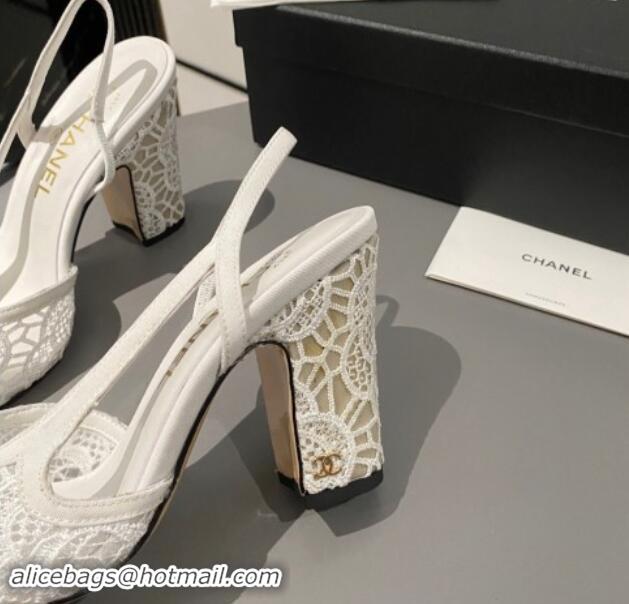 Luxury Cheap Chanel Lace Slingback Pumps 9cm G45509 White 121123