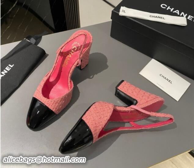 Duplicate Chanel Tweed & Patent Leather Slingback Pumps 9cm G45509 Pink 121126