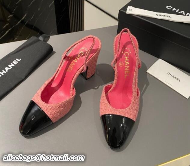 Duplicate Chanel Tweed & Patent Leather Slingback Pumps 9cm G45509 Pink 121126