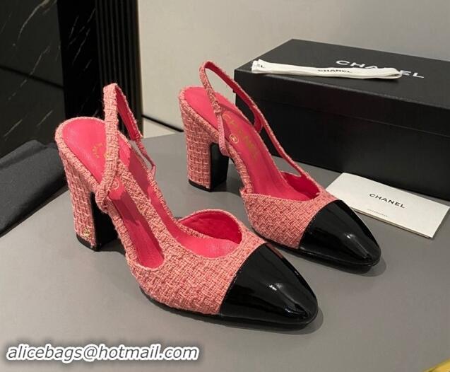 Duplicate Chanel Tweed & Patent Leather Slingback Pumps 9cm G45509 Pink 121126