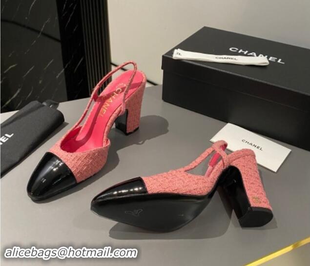 Duplicate Chanel Tweed & Patent Leather Slingback Pumps 9cm G45509 Pink 121126