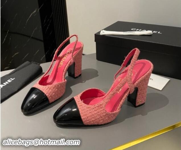 Duplicate Chanel Tweed & Patent Leather Slingback Pumps 9cm G45509 Pink 121126