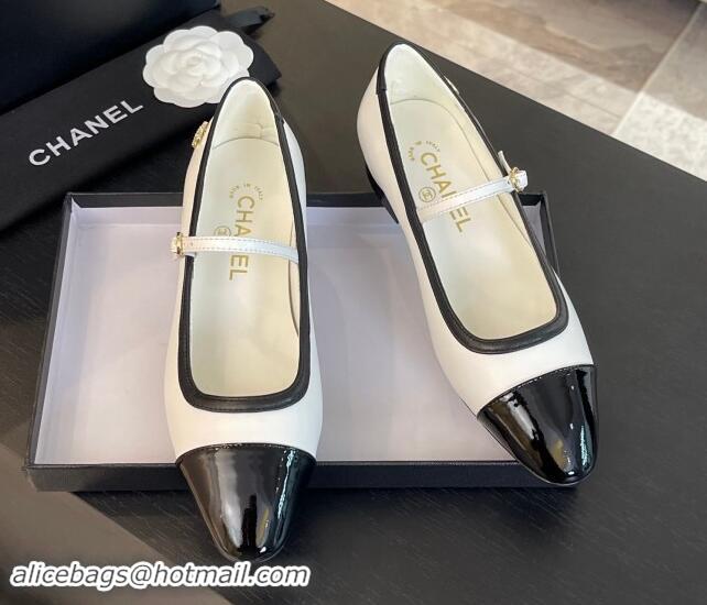 Classic Hot Chanel Lambskin & Patent Calfskin Mary Janes Ballet Flats G46001 White 121130