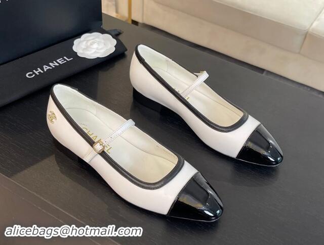 Classic Hot Chanel Lambskin & Patent Calfskin Mary Janes Ballet Flats G46001 White 121130