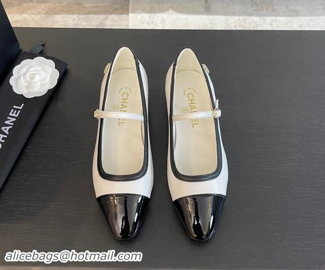 Classic Hot Chanel Lambskin & Patent Calfskin Mary Janes Ballet Flats G46001 White 121130