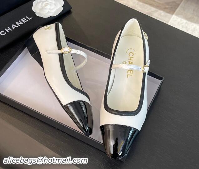 Classic Hot Chanel Lambskin & Patent Calfskin Mary Janes Ballet Flats G46001 White 121130