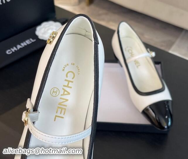 Classic Hot Chanel Lambskin & Patent Calfskin Mary Janes Ballet Flats G46001 White 121130