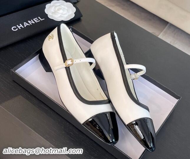 Classic Hot Chanel Lambskin & Patent Calfskin Mary Janes Ballet Flats G46001 White 121130