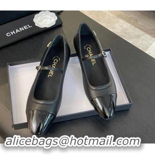 Luxurious Chanel Lambskin & Patent Calfskin Mary Janes Ballet Flats G46001 Black 1121131