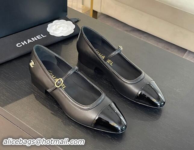 Luxurious Chanel Lambskin & Patent Calfskin Mary Janes Ballet Flats G46001 Black 1121131