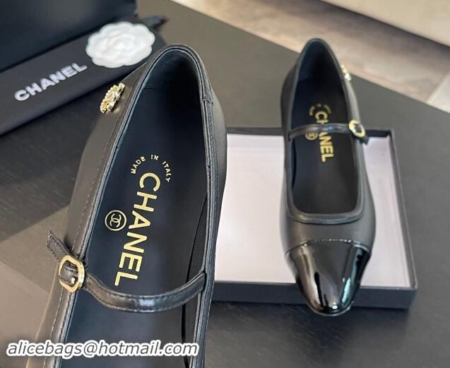 Luxurious Chanel Lambskin & Patent Calfskin Mary Janes Ballet Flats G46001 Black 1121131