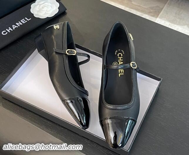 Luxurious Chanel Lambskin & Patent Calfskin Mary Janes Ballet Flats G46001 Black 1121131