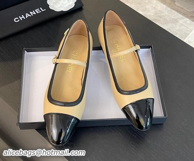 Good Looking Chanel Lambskin & Patent Calfskin Mary Janes Ballet Flats G46001 Beige 1121132