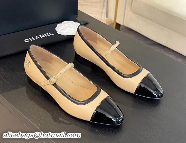 Good Looking Chanel Lambskin & Patent Calfskin Mary Janes Ballet Flats G46001 Beige 1121132