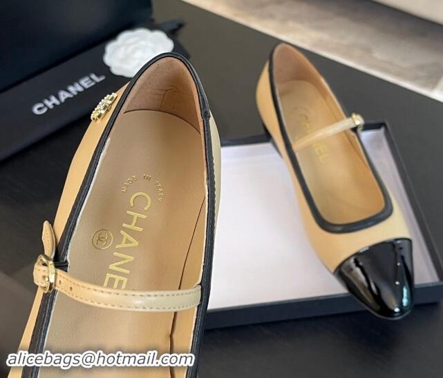 Good Looking Chanel Lambskin & Patent Calfskin Mary Janes Ballet Flats G46001 Beige 1121132