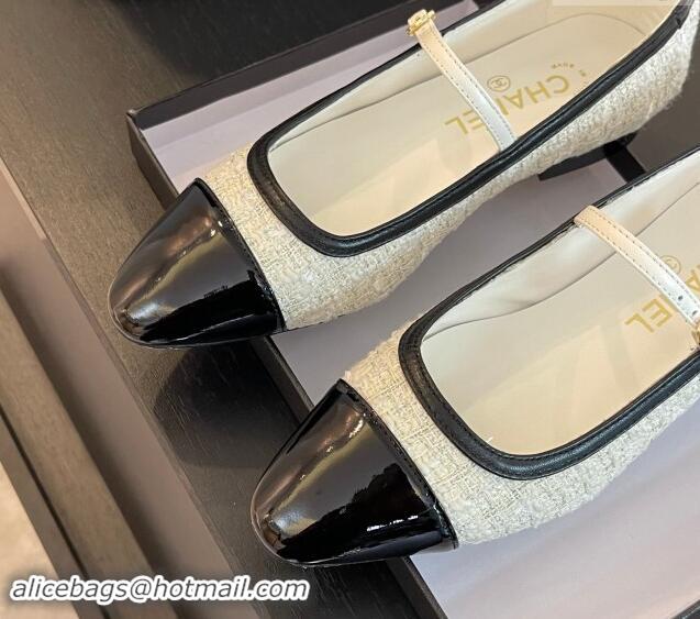 Best Product Chanel Tweed & Patent Calfskin Mary Janes Ballet Flats G46001 White/Black 1121133