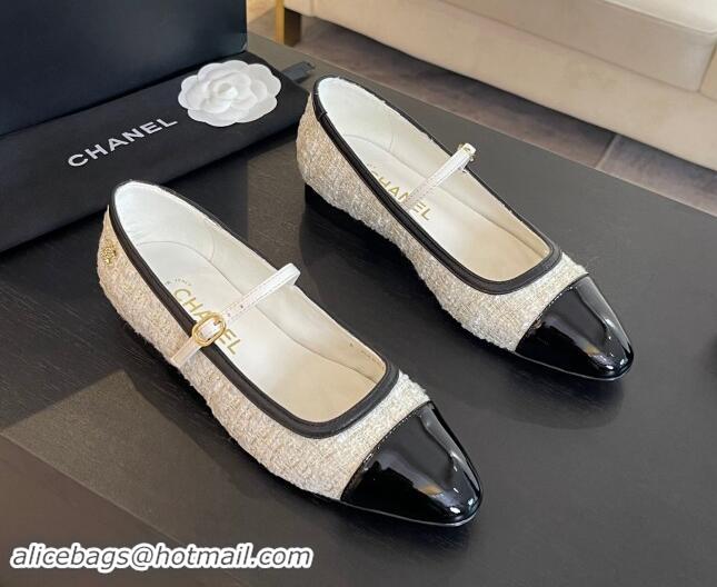 Best Product Chanel Tweed & Patent Calfskin Mary Janes Ballet Flats G46001 White/Black 1121133