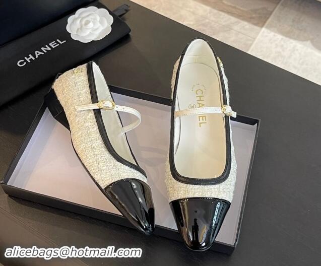 Best Product Chanel Tweed & Patent Calfskin Mary Janes Ballet Flats G46001 White/Black 1121133