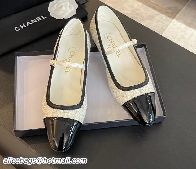 Best Product Chanel Tweed & Patent Calfskin Mary Janes Ballet Flats G46001 White/Black 1121133