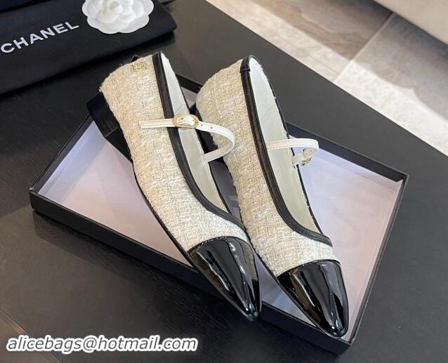 Best Product Chanel Tweed & Patent Calfskin Mary Janes Ballet Flats G46001 White/Black 1121133