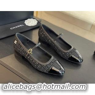 Charming Chanel Tweed & Patent Calfskin Mary Janes Ballet Flats G46001 Black/Sequins 1121134