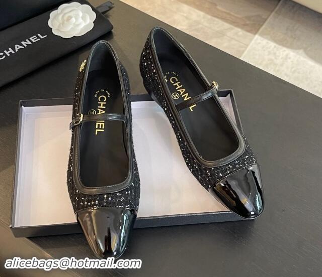 Charming Chanel Tweed & Patent Calfskin Mary Janes Ballet Flats G46001 Black/Sequins 1121134