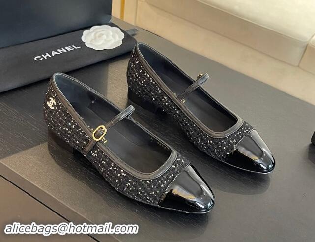 Charming Chanel Tweed & Patent Calfskin Mary Janes Ballet Flats G46001 Black/Sequins 1121134