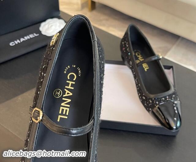 Charming Chanel Tweed & Patent Calfskin Mary Janes Ballet Flats G46001 Black/Sequins 1121134