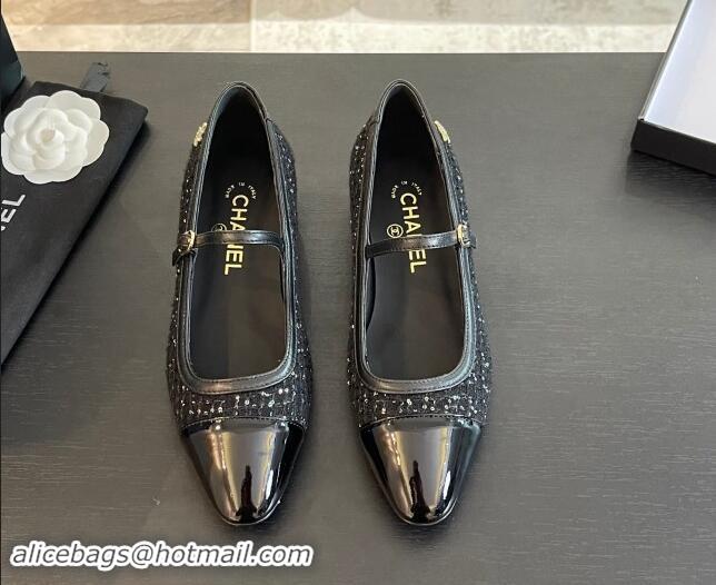 Charming Chanel Tweed & Patent Calfskin Mary Janes Ballet Flats G46001 Black/Sequins 1121134