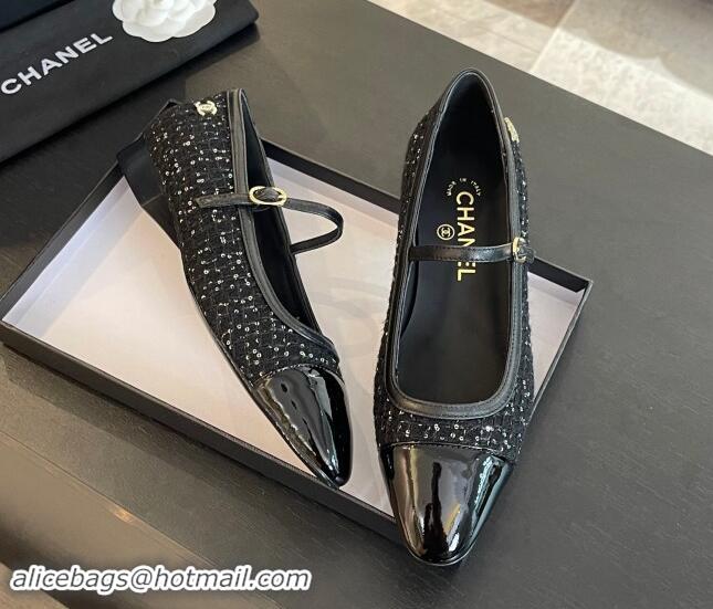 Charming Chanel Tweed & Patent Calfskin Mary Janes Ballet Flats G46001 Black/Sequins 1121134