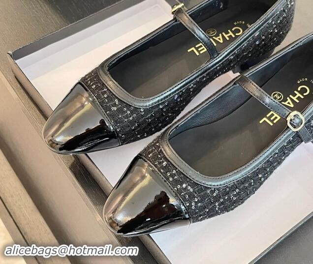 Charming Chanel Tweed & Patent Calfskin Mary Janes Ballet Flats G46001 Black/Sequins 1121134